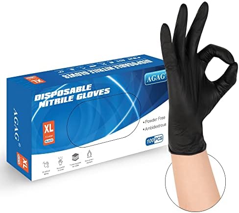 AGAG Black Nitrile Disposable Gloves 100 PCs 6mil Latex Free Ultra Strong Nitrile Gloves, Industrial, Food Safe (X-Large)