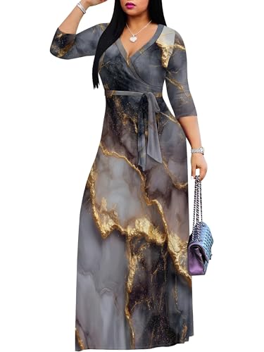 Image of Plus Size Dresses for Women Print Maxi Dresses 3 /4 Sleeve with Belt