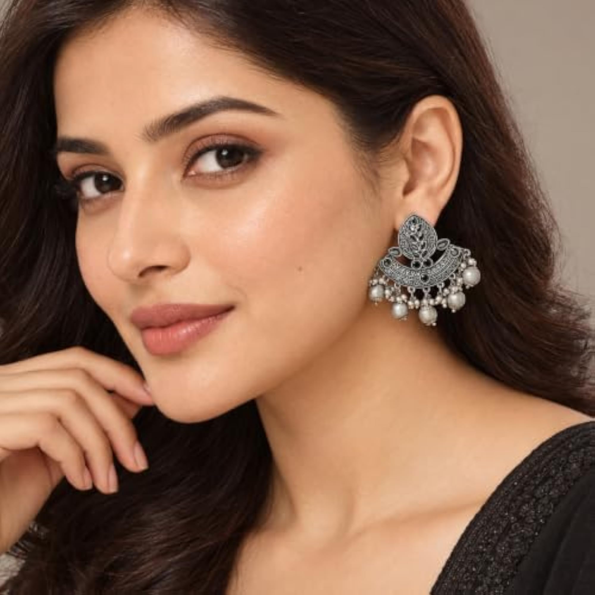 Women's Bohemian Long Chandbali Dangler Earrings with Black Stone