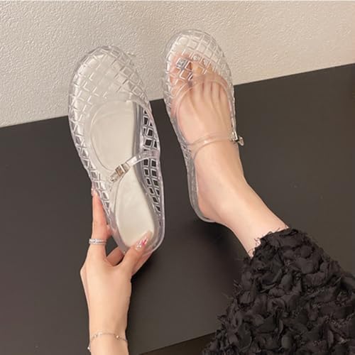 Image of Jelly Mesh Ballet Flats for Women Clear Hollow Jelly Shoes Sandals Round Toe Non-Slip Beach Ballerina Jellies Flats Shoes
