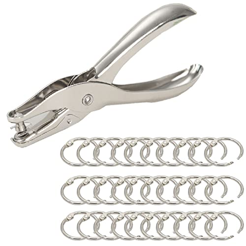 PIVHWIR 1 Hole Punch and 30 Pcs Loose Leaf Binder Rings, Single Hole Puncher, 6 Sheet Capacity, Office Paper Punch for DIY Crafts Notebooks Documents Cards Photos