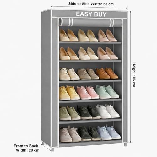Image of Easy Buy 6 Layer Foldable Shoe Rack Organizer Grey Shoe Plastic Rack 6 Shelves Zip Door With Cover & Side Pocket |Dustproof Storage Organizer for Footwear Multi-Pair Shoe Stand with Side Pocket (Grey)