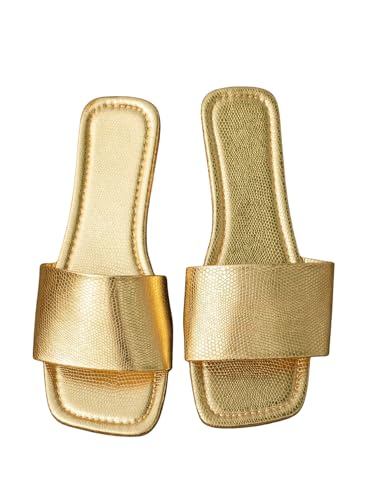 GORGLITTER Women's Gold Sandals Boho Cute Dressy Square Toe Summer Flip Flops Slides Flat Shoes 2025 Champagne 7.5