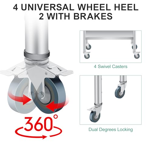 36 x 24 Inch Stainless Steel Prep Table, Heavy Duty Commercial Work Table with 4 Caster Wheels, Adjustable Undershelf & Rounded Corners, Metal Kitchen Workbench for Restaurant, Garage and Outdoor by Garvee - Image 4