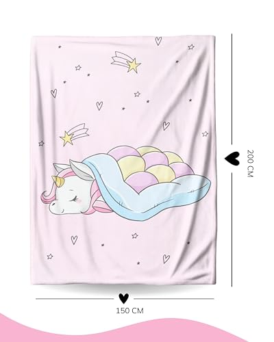 MTOnlinehandel Einhorn Decke 150x200 cm ☆ Geschenke für Mädchen, Fleece-Decke flauschig in rosa, Kuscheldecke Teenager ☆ Kuscheldecke Regenbogen ☆ Geburtstagsgeschenk Unicorn