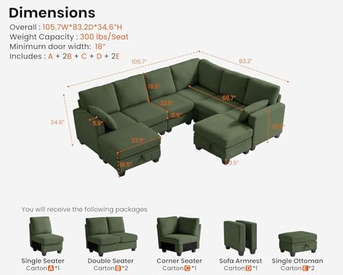 Image of CHIC HOUSE Modular Corner Sectional Sofa with Storage Ottoman, Corduroy L-Shaped Couch, Compact Small Space Furniture for Living Room & Apartment, (Green, 8 Seater L-Shaped)