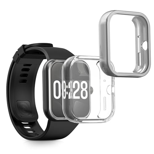 kwmobile Carcasa Compatible con Xiaomi Redmi Watch 4 Funda - 2X Protector Pantalla Completo - Ultrafino y antigolpes - Transparente/Plata