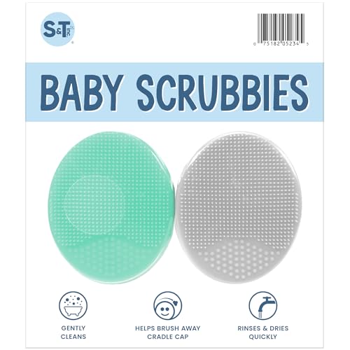 Image of S&T INC. Exfoliating and Massaging Cradle Cap Bath Brushes for Baby, Silicone - 2 Inch x 2.5 Inch, Grey and Teal, 2 Pack
