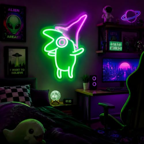 Image of Green Alien Cartoon Neon Sign with Pink Pointy Hat for Wall Decor, Indie Animation Mascot Art Decor, USB Dimmable Neon Light, Gift for Animation Lovers & Teens 16 * 11 IN