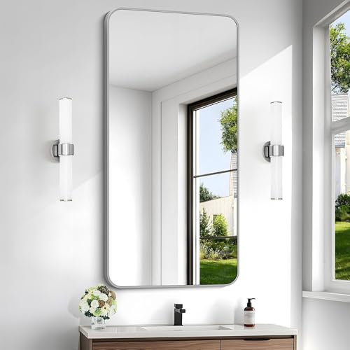 Image of 48x24 Inch Silver Bathroom Mirror, Metal Framed Silver Rectangle Mirror, Rounded Rectangular Vanity Mirror, Wall Mounted Mirrors for Living Room Bedroom Entryway Hangs Horizontal or Vertical