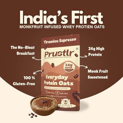Image of Prustlr Protein Oats - Tiramisu Espresso 60g | 24g Protein per Serve (with added Milk) | Sweetened with Monk Fruit | Gluten-Free & Guilt-Free | No Added Preservatives | Use as Instant or Overnight Oats