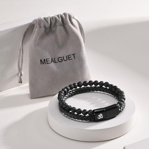 MEALGUET Men's Lava Rock Bracelet Healing Balancing Braided Leather Bracelets with Magnetic Clasp, 2 Layered Symbol Cuff Bracelets, 8.4"2