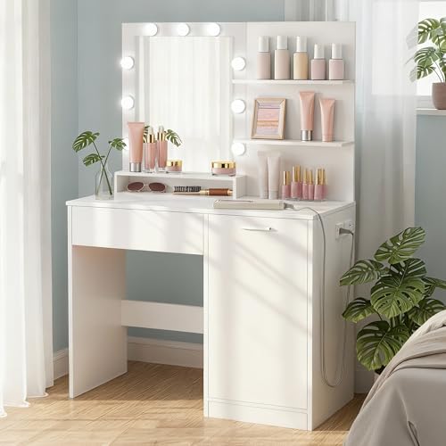 Image of VASAGLE KAILYN Collection - Vanity Desk with Mirror and Lights, 35.4-Inch Wide Makeup Vanity with Stool, Power Outlets, LED Lights, Storage Drawer, for Bedroom, Modern, Cloud White URDT128WB01S