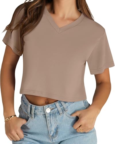 Image of Womens Crop Tops Short Sleeve V Neck Summer Cropped T Shirts Baisc Tees