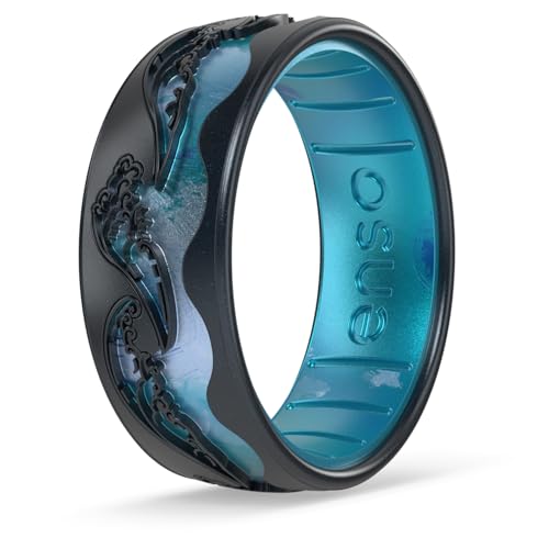 Enso Rings Etched Classic Silicone Rings - Comfortable and Flexible Design - 8mm Wide 2.16 Thick - Whitecap - Black Pearl/Deep Sea - Size 10