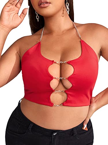 SOLY HUX Women's Plus Size Cut Out Chain Halter Crop Tops Backless Sleeveless Sexy Cami Tops