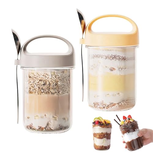xiruiubao Barattoli Vetro Coperchio,Alimenti Vasetti per Yogurt con Cucchiaio,Barattoli Cucina La Preparazione Dei Pasti Farina D'avena, Marmellata, Muesli, Insalata, Budino, Porridge 400 ML, 2 Pezzi
