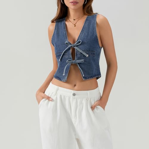 Women Sexy Denim Vest Deep V Neck Tie Up Front Sleeveless Jean Tank Top Low Cut Tight Fit Fashion Cropped Vest2