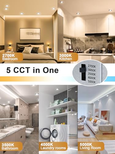 Canless Recessed Gimbal Downlight Rotatable-Spotlight 5 CCT 3 Inch Eyeball Ceilling Potlight, Dimmable Recessed Lights Fixture with Junction Box, 8W CCT Adjustable, Black Round Trim, 6 Pack