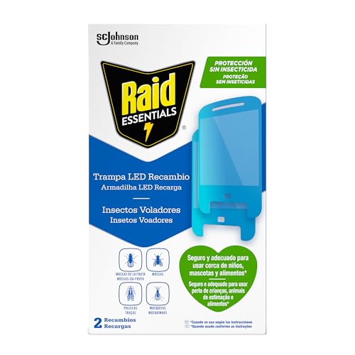 Raid Essentials 2 x Recambio para Trampa LED Antimoscas, Antimoscas de Fruta y Antipolillas, Sin Insecticida, Protección 24/7 contra Insectos Voladores, para Uso Interior, Paquete de 2.