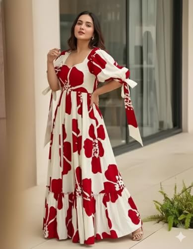 Image of Women Floral Printed Tiered Maxi Dress with Puff Sleeves, Empire Waist, Tie-Up Detail, Flared Long Dress for Casual Wear, Summer Outings, Vacation & Resort Wear - Causal Gown for Women