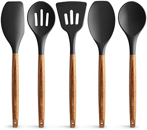 Zulay Kitchen Utensils Set - Non-Stick Silicone Cooking Utensils Set with Authentic Acacia Wood Handles - 5 Piece Silicone Utensil Set - Silicone Kitchen Utensils Set (Black)