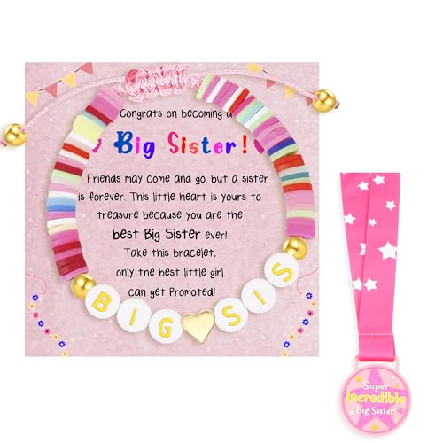 Big Sister Gifts for Girls Big Sister Bracelet Gift for Daughter, Big Sis Bracelet Gift for Teen Girl, Sister Jewelry with Girls Bracelet and Pink Medal Matching Big Sister Shirt