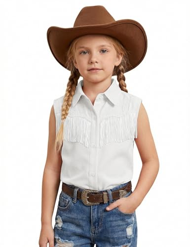 Image of Girls Fringe Shirt Sleeveless Button Down Western Cowgirl Tassel Trim Casual Blouse Shirt Top 4-13Y