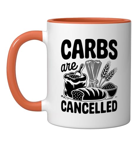 Carbs Are Cancelled - Funny Keto Diet Ceramic Mug, Orange/White