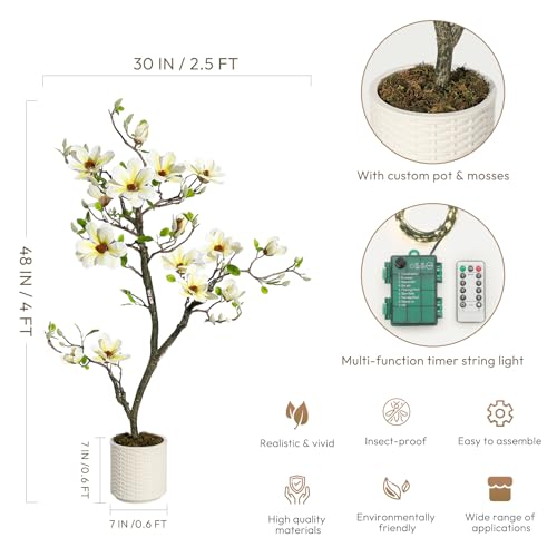4FT Faux Magnolia Plant Artificial Flower Trees Fake Plants for Yard Patio Home Office Arrangement Decor Artificial Magnolia Tree Inc. 66 Realistic Flowers Vivid Leaves Mosses Lighting White Pot