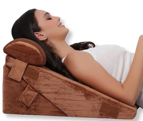 Image of Grin Health Orthopedic Bed Wedge Pillow with Head Rest High Density Adjustable Wedge Cushion for Sleeping, Acid Reflux, Heartburn, GERD, Leg Support Pillow, Back Support, Pregnancy Pillow (Brown)