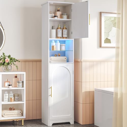 Hzuaneri Tall Bathroom Cabinet with Lights Slim Bathroom Storage Unit with 2 Doors and Adjustable Shelves Narrow Storage Unit for Small Spaces 30 x 40 x 170 cm White SC28213X