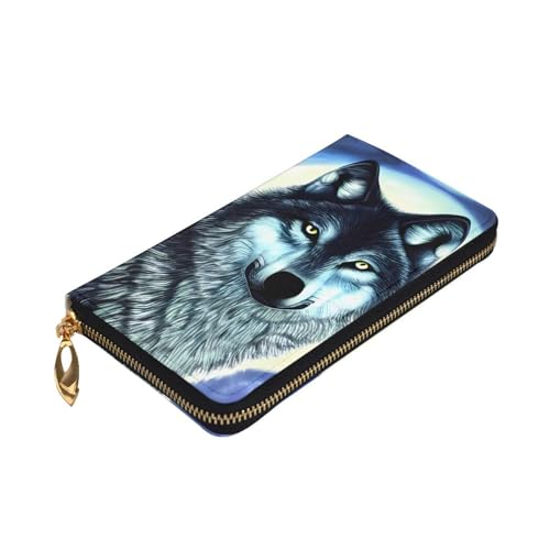 wolf under moon Leather Long Wallet, 12 Credit Card Slots, 3 Cash Slots, Coin Compartment, Unisex3
