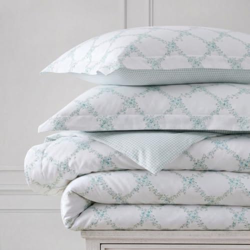 Image of Martha Stewart - King Comforter Set, 100% Cotton Bedding with Shams, Soft and Breathable, Lightweight All-Season Comforter, Reversible Design, Romantic Trellis Blue