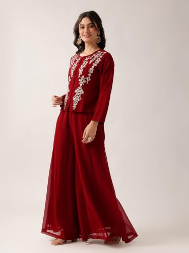 Image of Vbuyz Women Floral Embroidery Stylish A-Line Fandy Silk Kurta With Palazzo