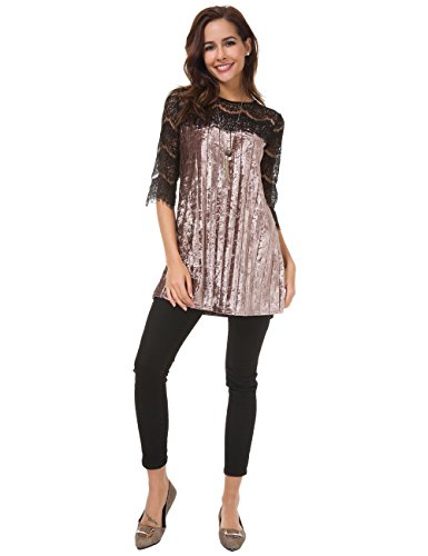 Atnlewhi Womens Mesh Velvet Dressy Tunic Pullover 3/4 Sleeve Lace Cocktail Party Swing Flowy Short Dress Khaki - Thumbnail 6