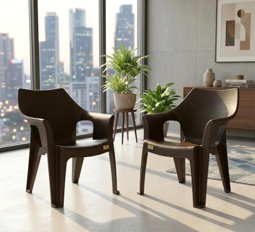 Image of Plastic Chair Set of 2 for Home & Outdoor Use | Heavy Duty Comfortable Chair with Strong Legs | Easy to Clean | Suitable for Living Room, Balcony (Pack of 2-Oxford | Brown)