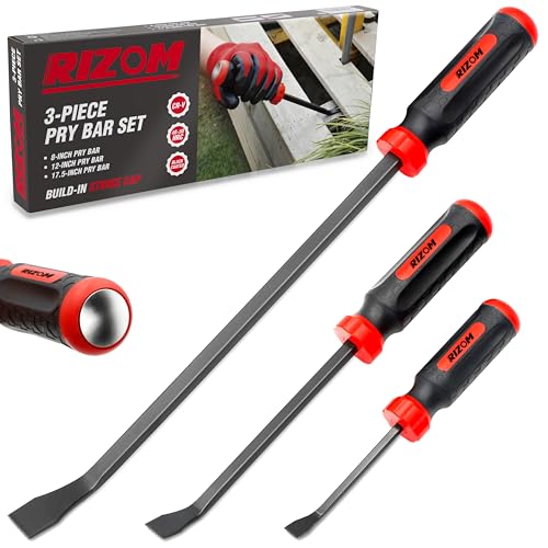 Rizom Pry Bar Set, 3-Piece Pry Bar with Strike Cap Handle, Angled Tip for Prying, Lifting and Pulling Objects