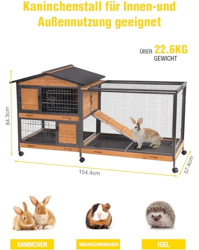 Image of Aivituvin Rabbit Hutch with Buy-Free Metal Frame - Indoor & Outdoor Rabbit Run with Wheels and Leak-proof Storage Tray (Wood Colour)