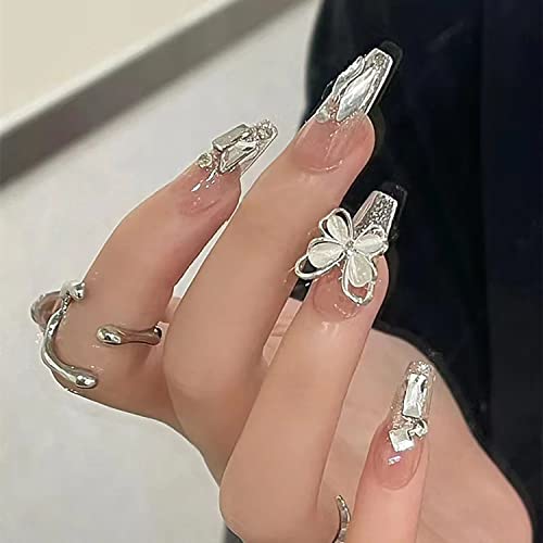 Press on Nails with Designs Medium Length, Coffin Shape Full Cover Reusable False Nails with Glue, Stick on Nails with Chrome Butterfly, Artificial Acrylic Fake Nails for Women, Glue on Nails Square - Image 7