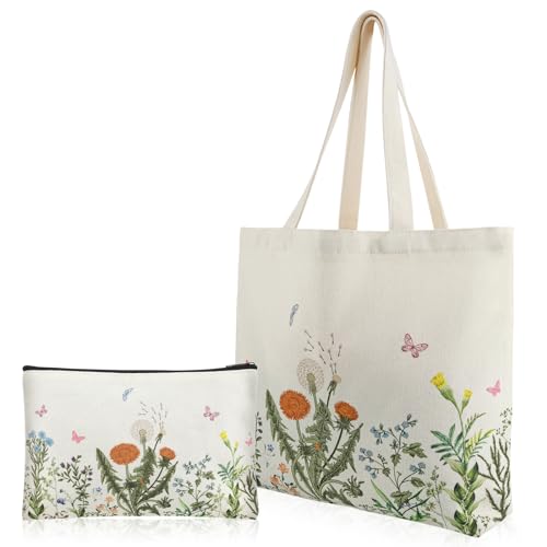 Thinp 2 Pcs Canvas Tote Bag for Women,Cute Tote Bag Aesthetic Canvas Tote Bag with Pattern Reusable Aesthetic Floral Makeup Canvas Tote Bag with Zipper Canvas Bag for Shopping Grocery School Gym
