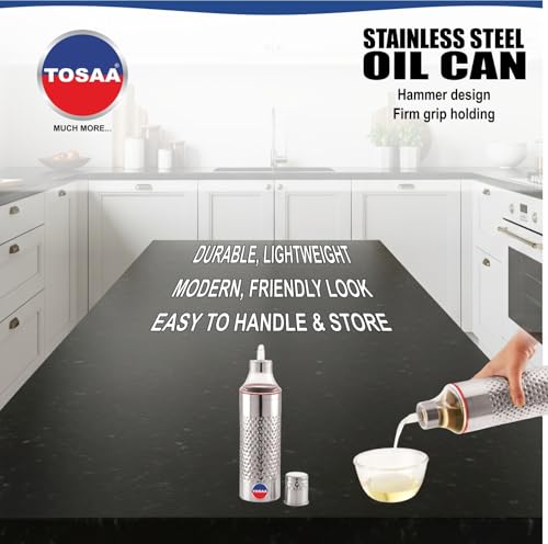 Image of Tosaa Stainless Steel Mathar Oil Can Bottle| With Nozzle, Dropper & Steel Cap | Cooking Oil Container for Kitchen | Leak Proof Oil Pourer & Pot with Handle |1100ml