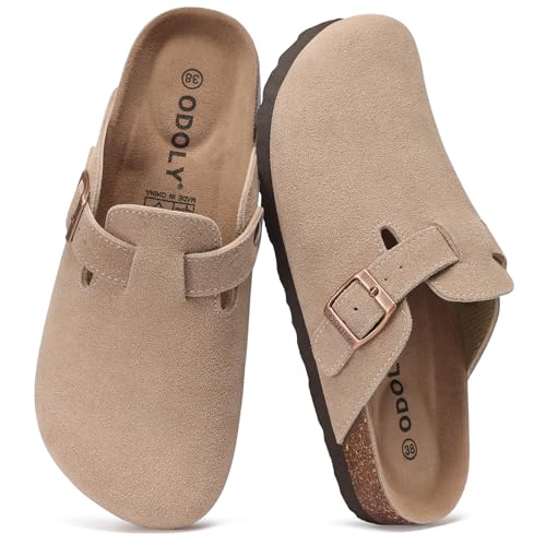 ODOLY Genuine Suede Clogs for Women Men Soft Cork Footbed Leather Mules Comfort Potato Shoes with Arch Support, Taupe 39