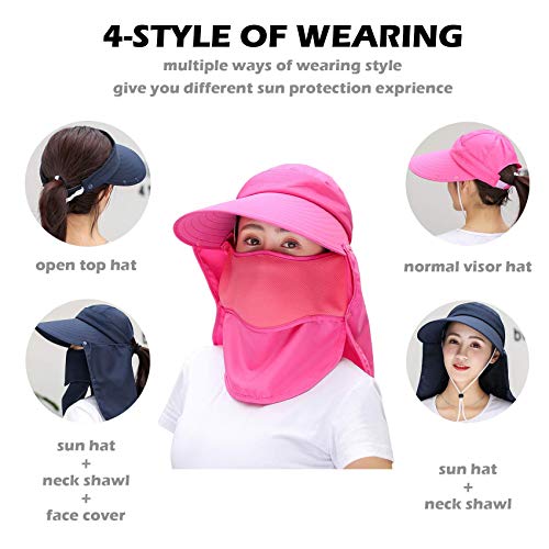 Image of Women Wide Brim Face Mask Sun Hat Detachable Neck Face Flap Ponytail UV Protection Visor Hat Garden Fishing Hiking