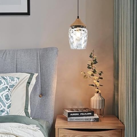 Lighten Chance Modern Rope Pendant Light Fixtures, Industrial Handblown Clear Dimpled Glass Hanging Lamp Shade, 5.9" Lampshade Ceiling Lighting Chandelier for Kitchen Island Dining Over Sink Bedroom Cover