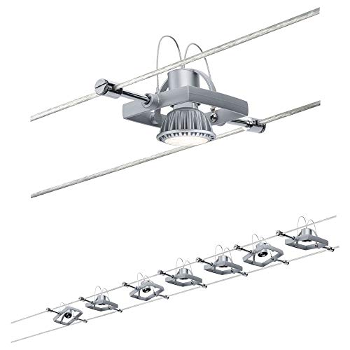 Paulmann sistema di cavi per faretti, 94152, set Mac II, massimo 7 pezzi da 10 W l’uno, cromato, opaco, in metallo, lampade con cavi, in plastica, lampada da soffitto, GU 5,3, senza lampadina
