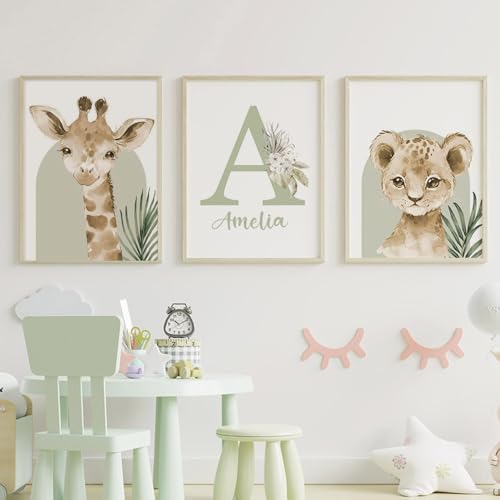 BeiYiHo Personalizadas Nombre Bebe Laminas Infantiles Animales Safari Leon Elefante Jirafa Cebra Cuadro Habitacion Niño Laminas Decorativas Pared Verde Poster Animales Bebe