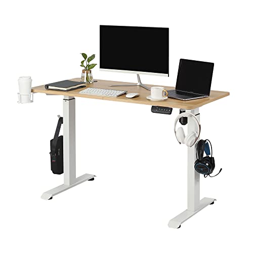 Makika Bureau Assis Debout Électrique Réglable en Hauteur 120 x 60 cm - Panneau Contrôle à Fonctions Mémoires - Support pour Casque Porte-gobelet - Bureau de Jeu Table de Bureau Gaming en Chêne blanc Cover