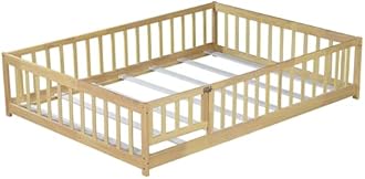 Full Size Floor Bed with Slats and Fence for Kids, Montessori Floor Bed with Door and Safety Guardrails,Wood Full Size Floor Bed Frame, Montessori Bed Full Size for Girls Boys,Natural