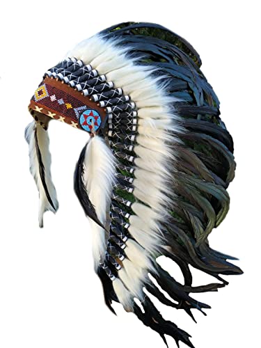 KARMABCN Y21 Sombrero Indio Mediano, penacho con Plumas Naturales y Pelo Blanco Cover